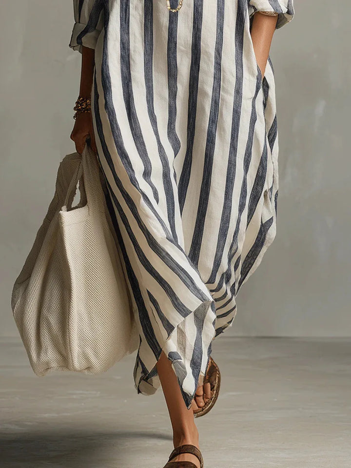 Striped linen-blend shirt dress, blue vertical stripes, collared button-front, draped side hem