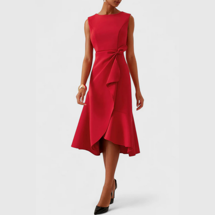 Red asymmetric midi dress, sleeveless with knotted waist and layered skirt