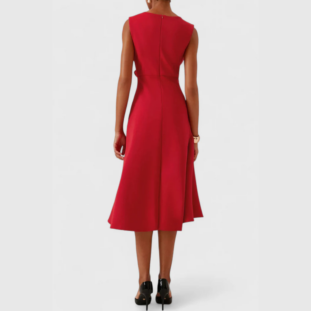 Red asymmetric draped midi dress back view, sleeveless with center seam