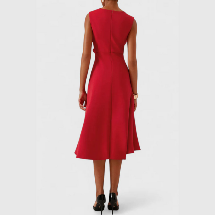 Red asymmetric draped midi dress back view, sleeveless with center seam