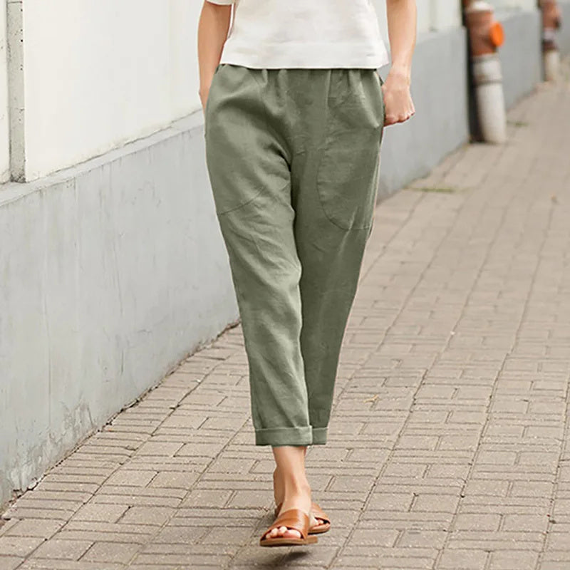 Green casual tapered pants, ankle length, elastic waistband, side pockets
