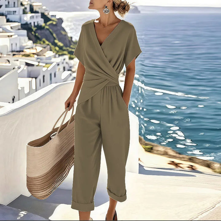 Khaki wrap top and wide-leg trousers set, V-neck crossover with waist knot