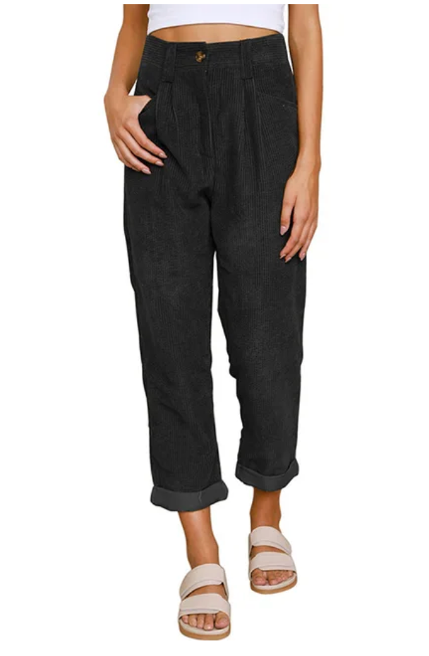 Relaxed corduroy pants in black with button front, side pockets, and cuffed ankle hem