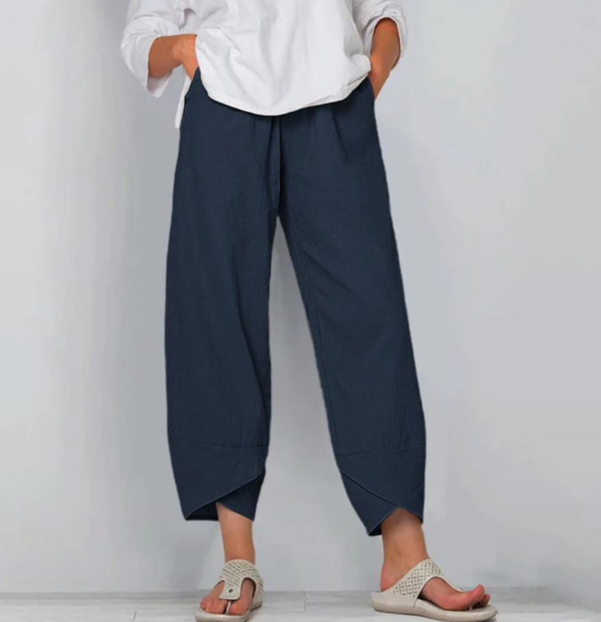 Relaxed everyday pants in blue, cropped, side pockets, draped hem panels