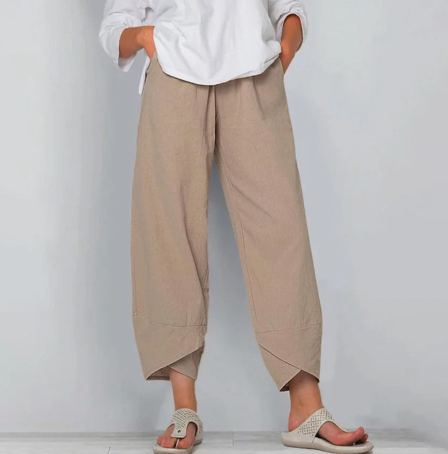 Relaxed everyday pants in khaki, cropped, side pockets, draped hem panels