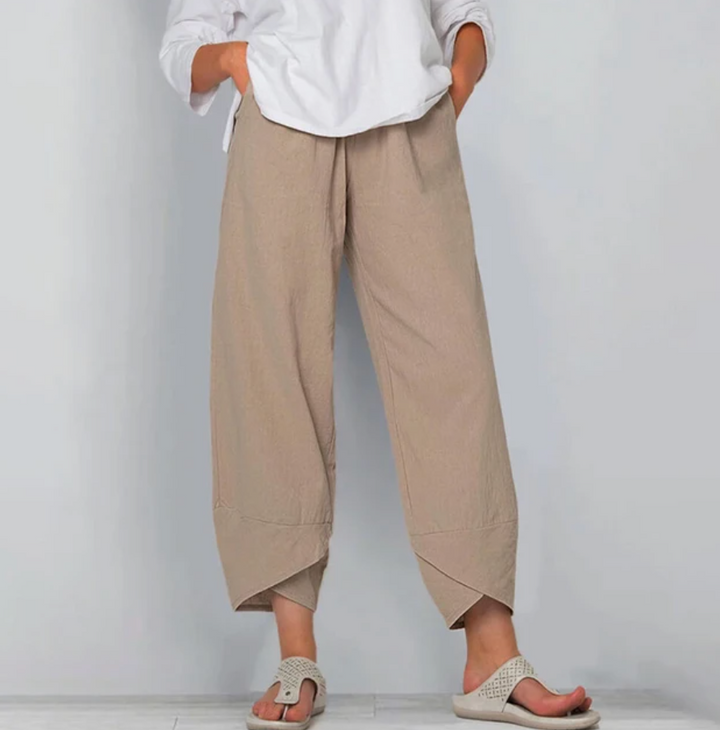Relaxed everyday pants in khaki, cropped, side pockets, draped hem panels