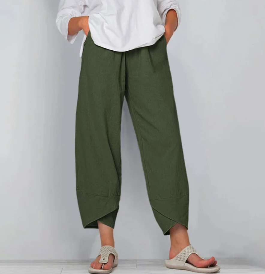 Relaxed everyday pants in green, cropped, side pockets, draped hem panels
