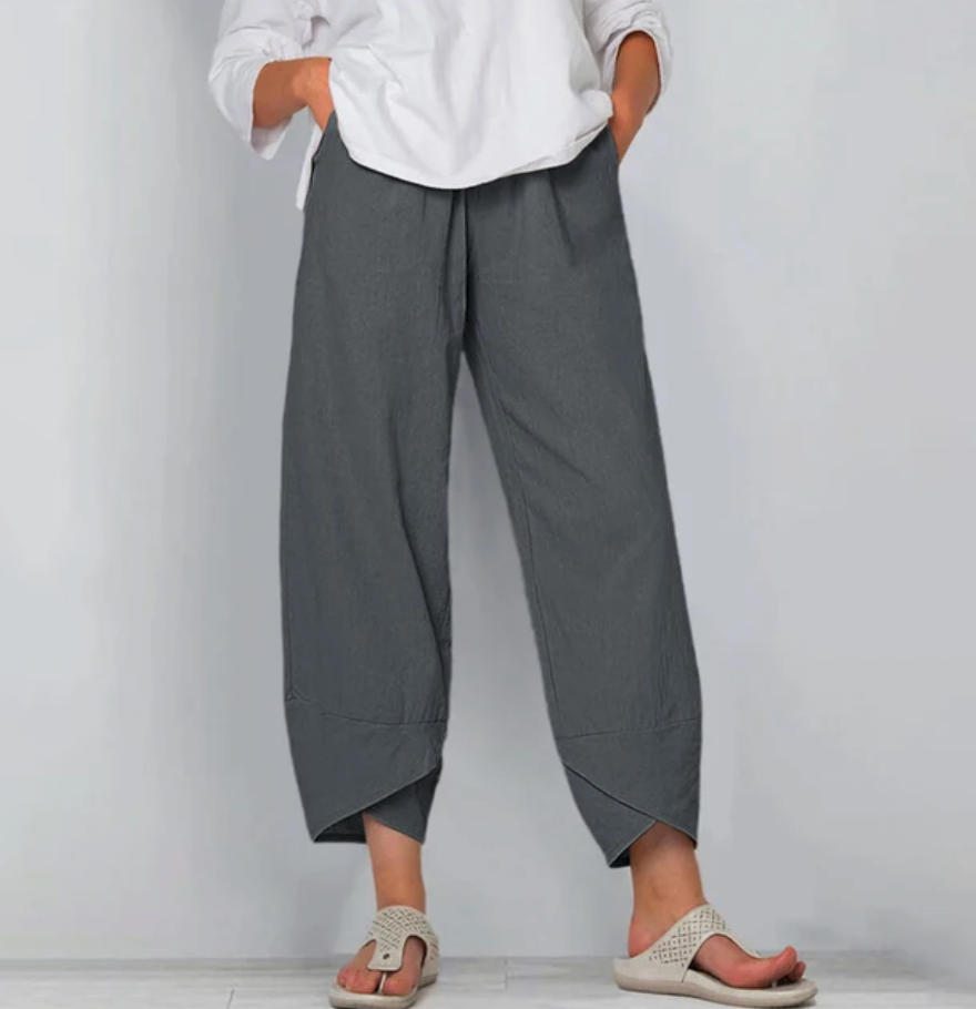 Relaxed everyday pants in gray, cropped, side pockets, draped hem panels
