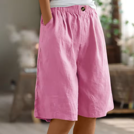 Elastic-waist mid-thigh shorts in pink, buttoned elastic waistband, relaxed fit