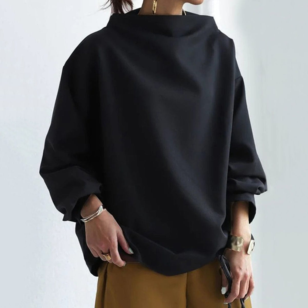 Black high-neck sweater with oversized long sleeves and wide neckline