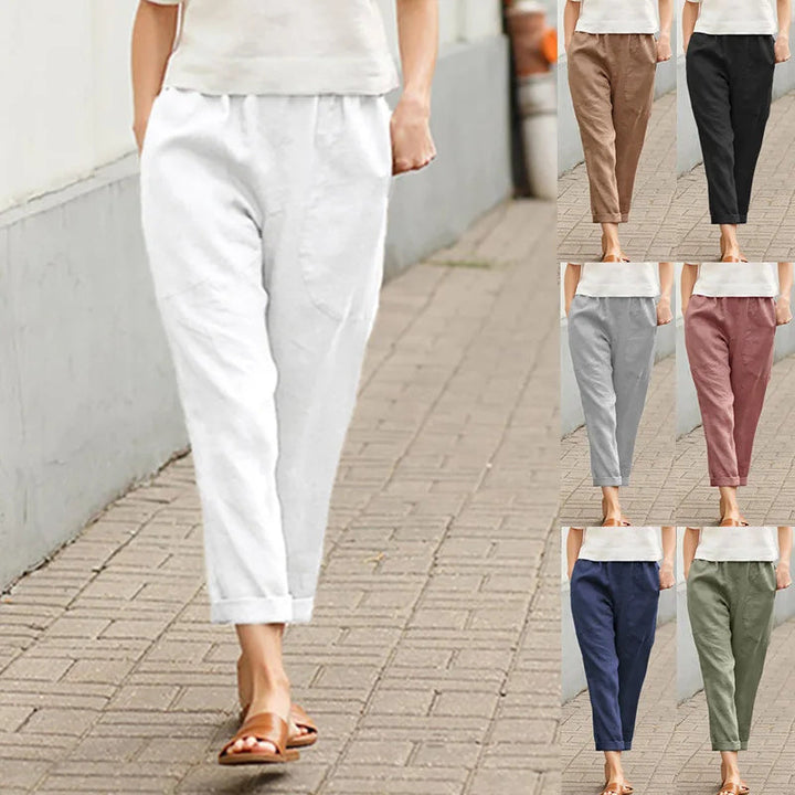 Casual tapered pants set, ankle length, elastic waistband, side pockets in assorted colors
