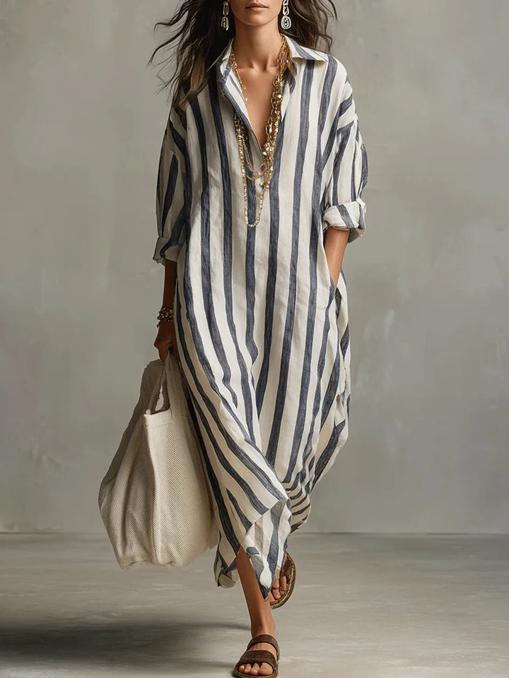 Striped linen-blend shirt dress, blue vertical stripes, collared button-front, ¾ sleeves