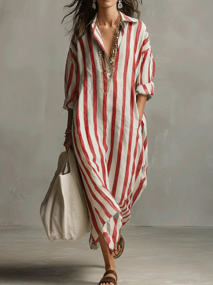 Striped linen-blend shirt dress, red vertical stripes, collared button-front, ¾ sleeves
