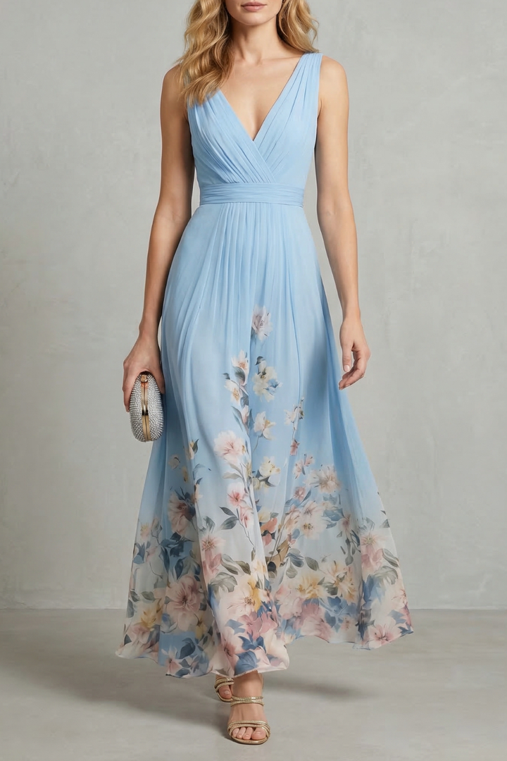 Women’s Floral V-Neck Pleated Maxi Dress