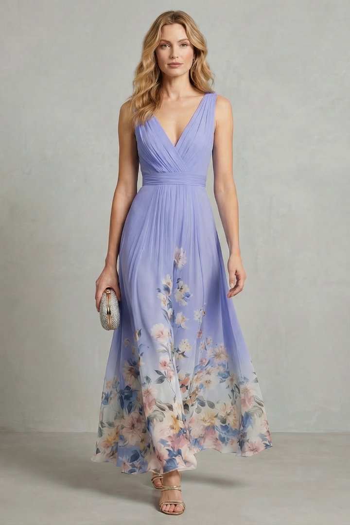 Women’s Floral V-Neck Pleated Maxi Dress