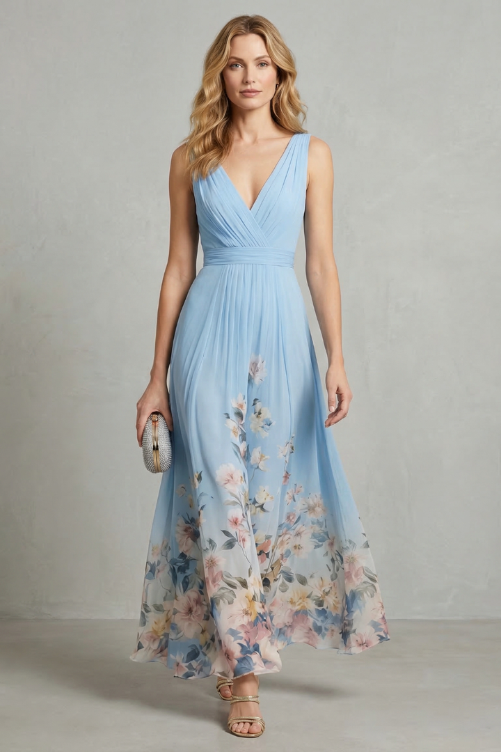 Women’s Floral V-Neck Pleated Maxi Dress