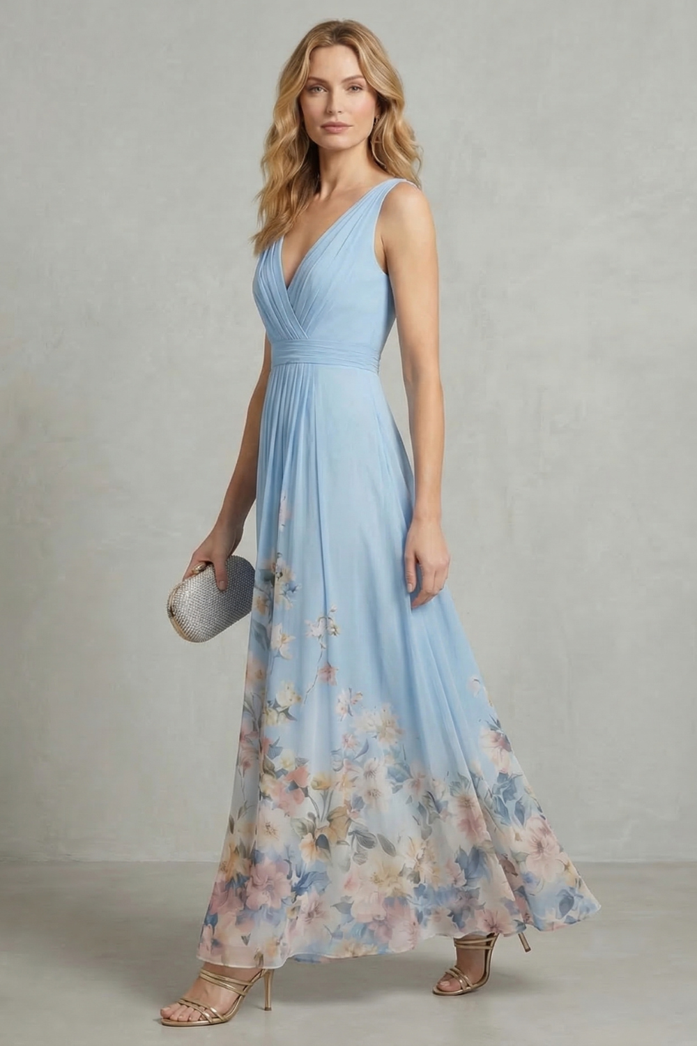 Women’s Floral V-Neck Pleated Maxi Dress