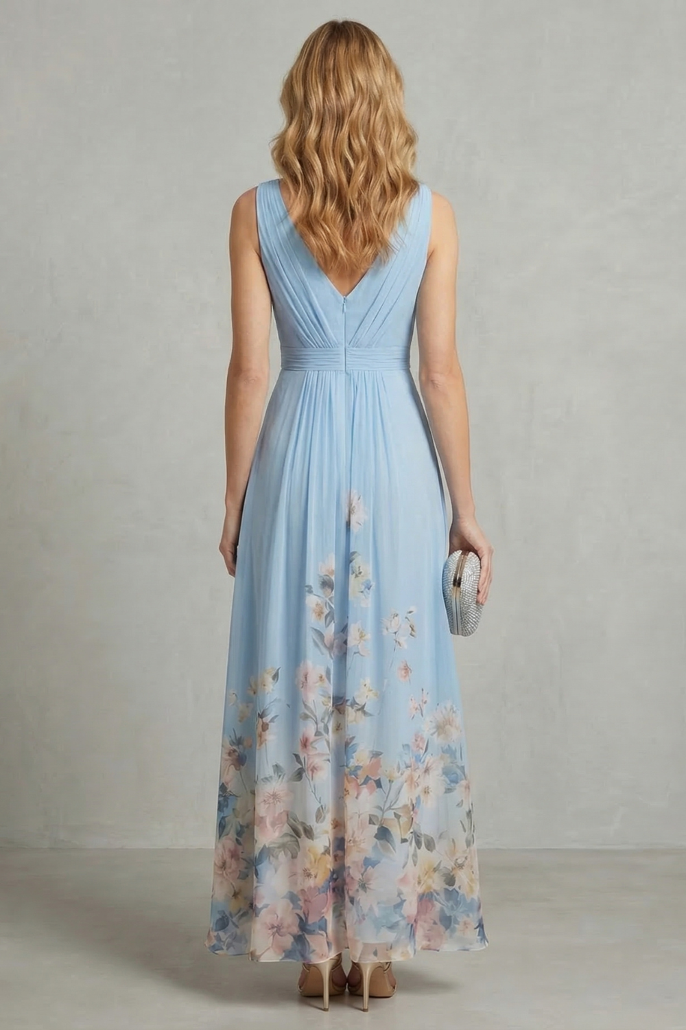 Women’s Floral V-Neck Pleated Maxi Dress