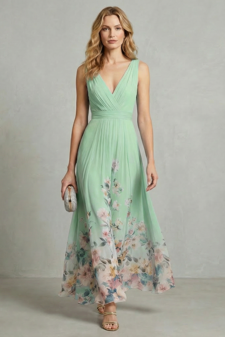 Women’s Floral V-Neck Pleated Maxi Dress