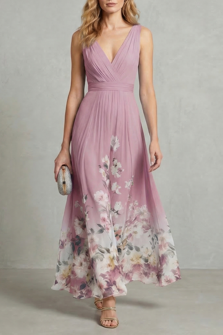 Women’s Floral V-Neck Pleated Maxi Dress