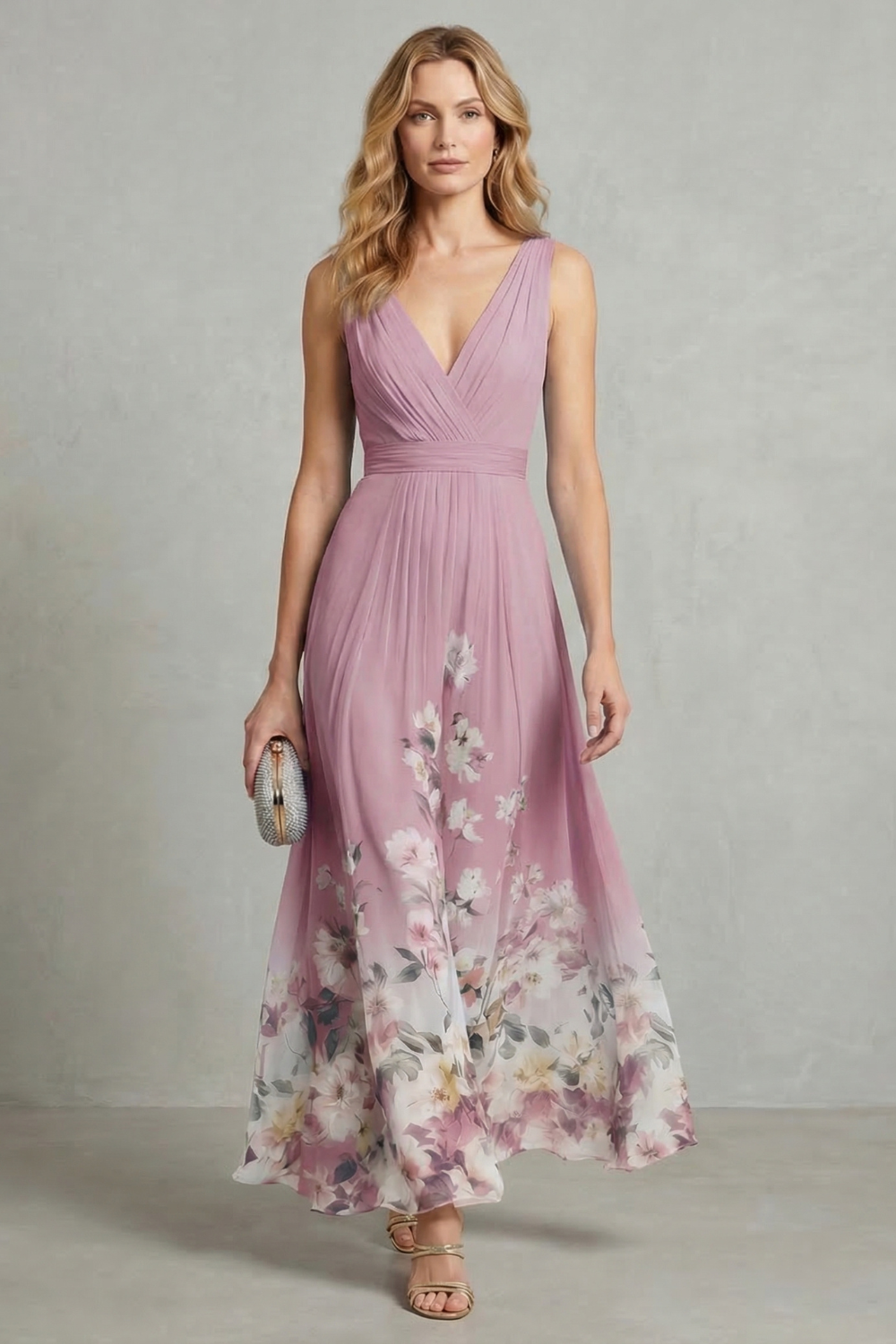 Women’s Floral V-Neck Pleated Maxi Dress