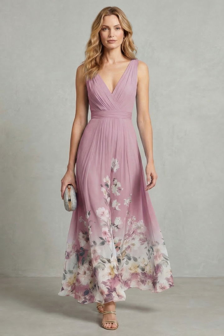 Women’s Floral V-Neck Pleated Maxi Dress