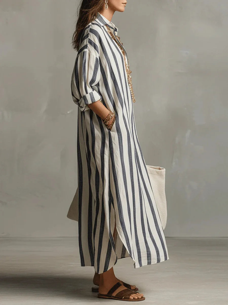 Striped linen-blend shirt dress, blue vertical stripes, collared button-front, side slit