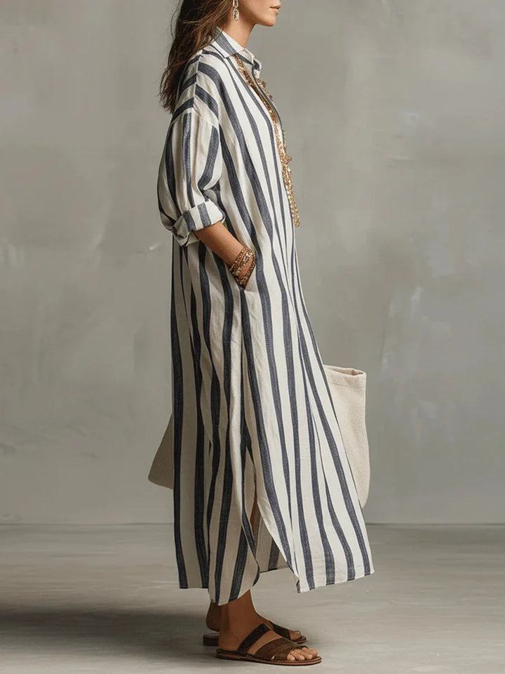 Striped linen-blend shirt dress, blue vertical stripes, collared button-front, side slit