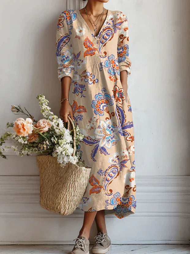 Light beige paisley floral comfort dress with V-neck and 3/4 sleeves