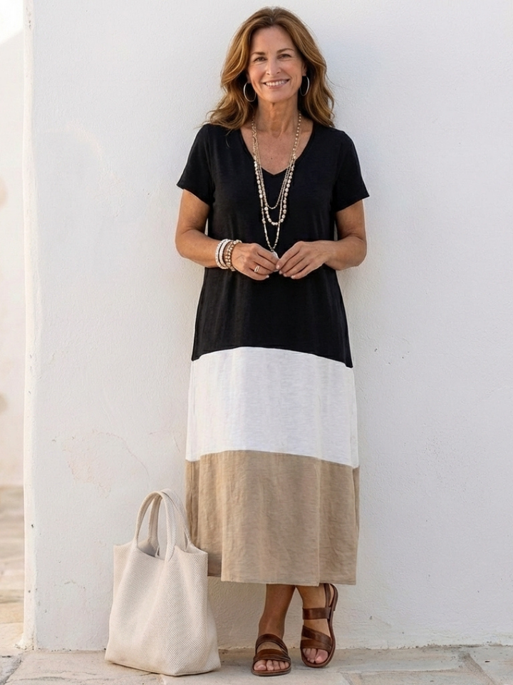 Color block midi dress, V-neck short sleeves; black, white, beige color blocks