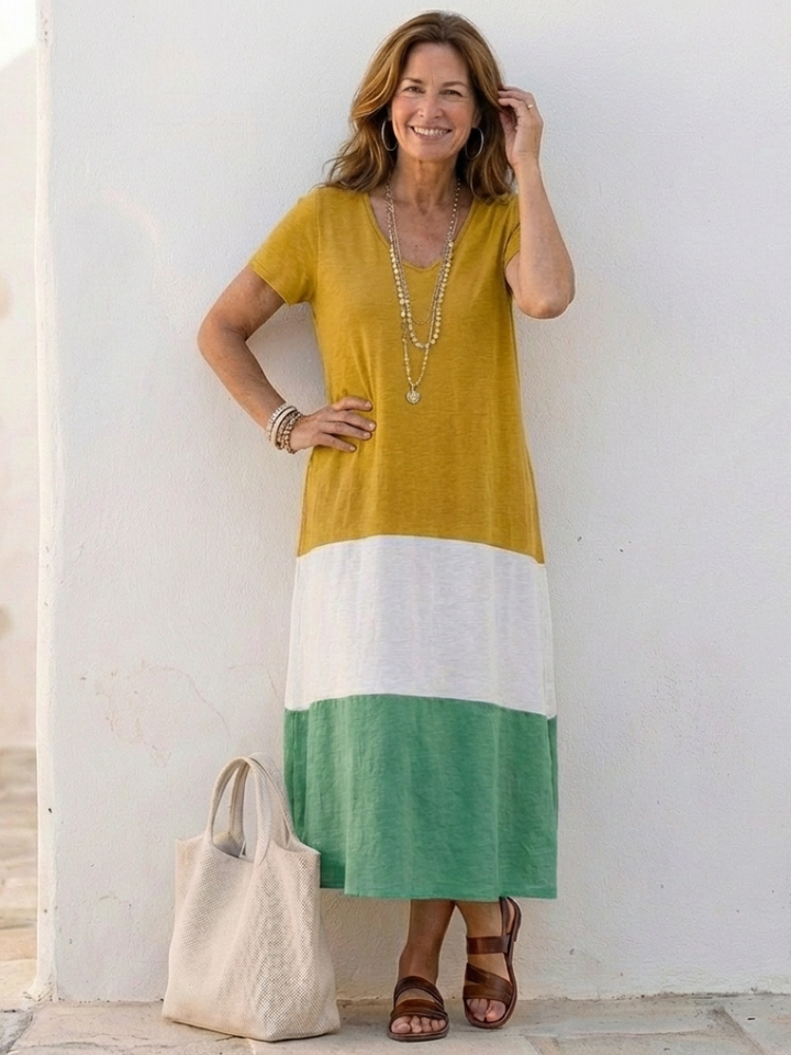 Color block midi dress, V-neck short sleeves; mustard yellow, white, and green panels