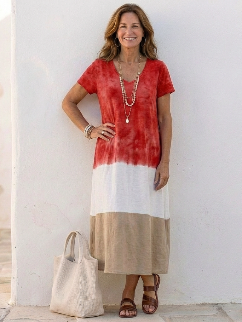 Color block midi dress, V-neck short sleeves; red tie-dye top, white middle, tan bottom