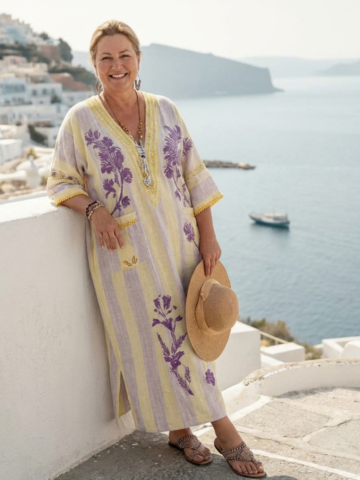 Beige V-neck maxi dress with purple floral embroidery, striped, half sleeves
