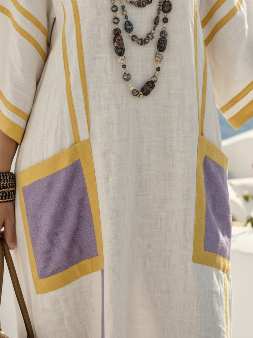 V-neck maxi dress bodice close-up with yellow trim and purple square pocket panels