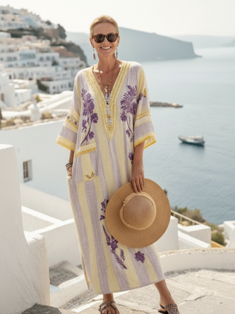 Beige V-neck maxi dress with purple floral motifs, striped fabric, half sleeves