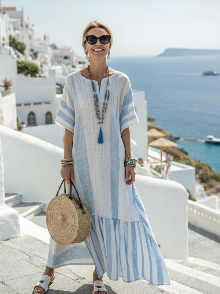 Sky blue striped round-neck short-sleeve maxi dress with tiered hem
