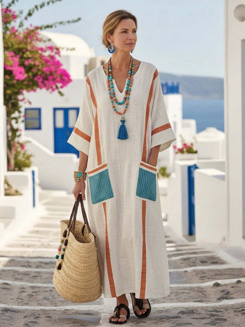 V-neck maxi dress with half sleeves and patch pockets, orange and teal vertical panels
