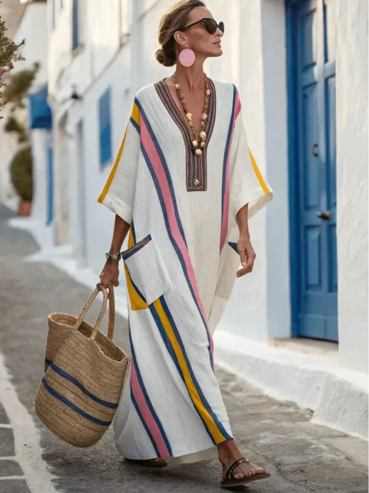 V-neck maxi dress with half sleeves, vertical rainbow stripe panels, patch pockets