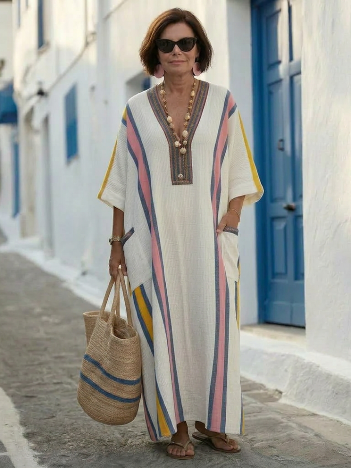 V-neck maxi dress with half sleeves and vertical rainbow stripe panels, long maxi length
