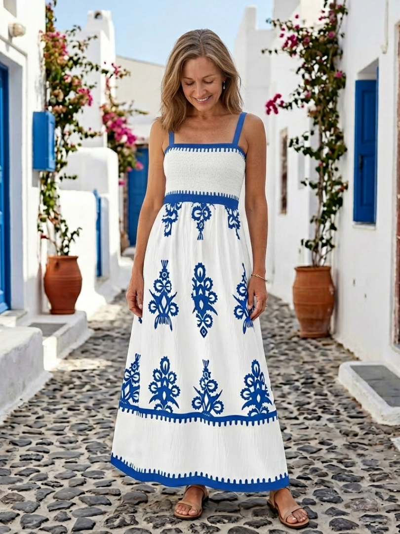 Sleeveless smocked bodice maxi dress with blue-and-white patterned skirt