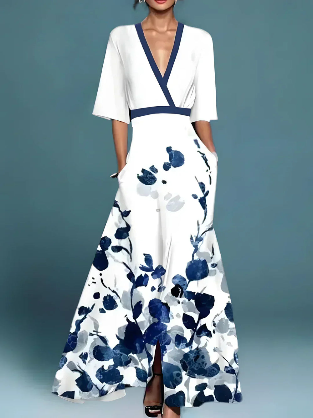 Elegant floral wrap dress, white with navy splatter blooms, V-neck and tie belt