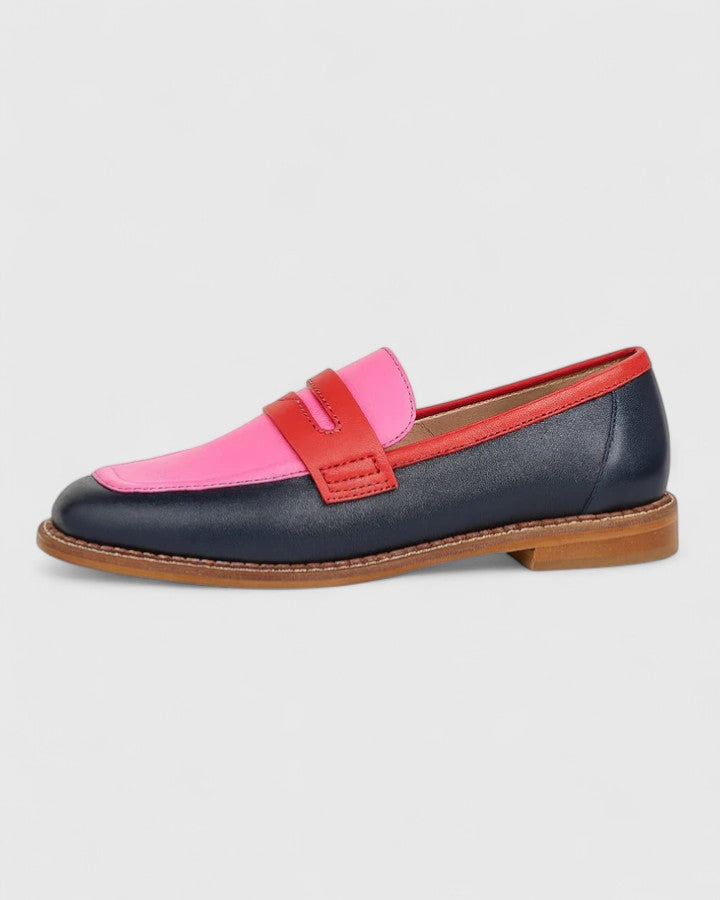 Side-view color-block slip-on loafers with pink top strap and dark blue upper