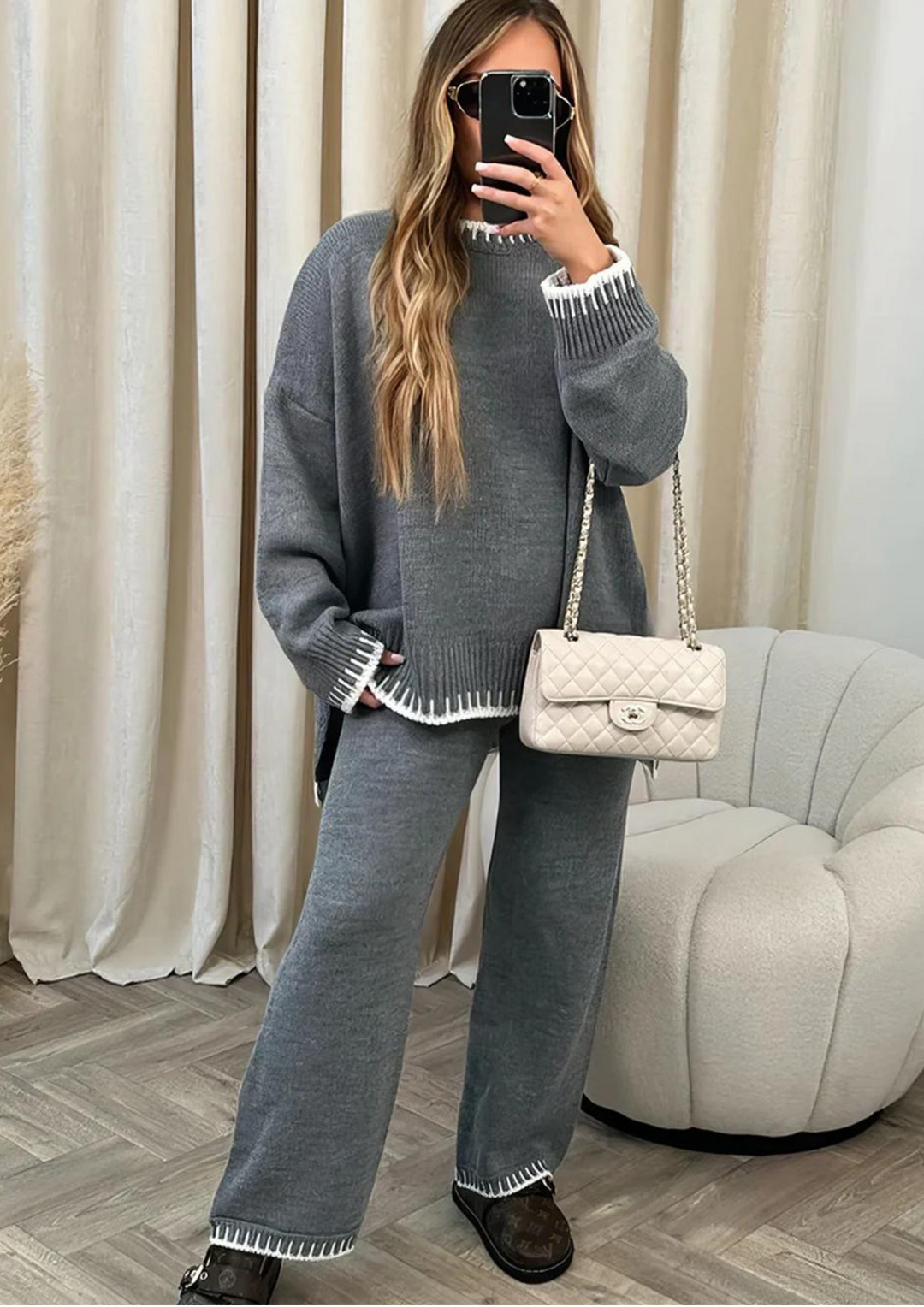 Medium gray knit lounge set with long sleeve sweater and wide-leg pants, contrast cuff trim