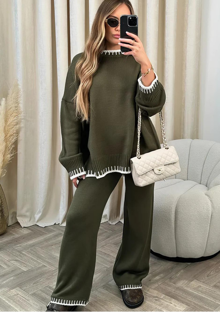 Olive green knit lounge set with long sleeve sweater and wide-leg pants, contrast striped cuffs