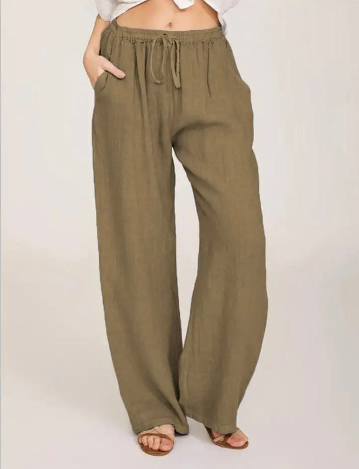 Relaxed drawstring pants, olive khaki, elastic waist with wide straight legs