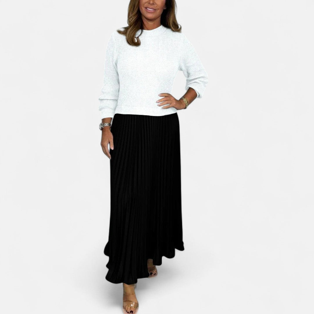 Sweater and pleated skirt set: white knit sweater with black pleated midi skirt