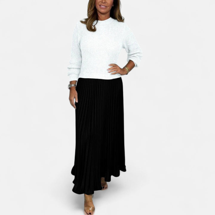 Sweater and pleated skirt set: white knit sweater with black pleated midi skirt