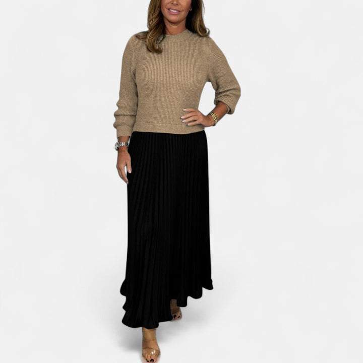 Sweater and pleated skirt set: tan knit sweater with black pleated midi skirt