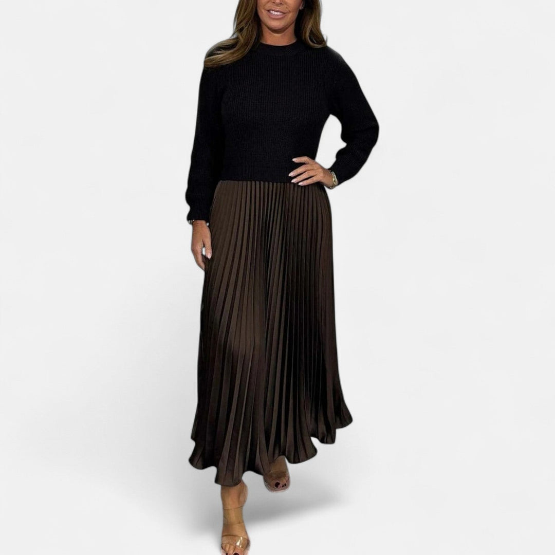 Sweater and pleated skirt set with black knit sweater and dark brown pleated midi skirt