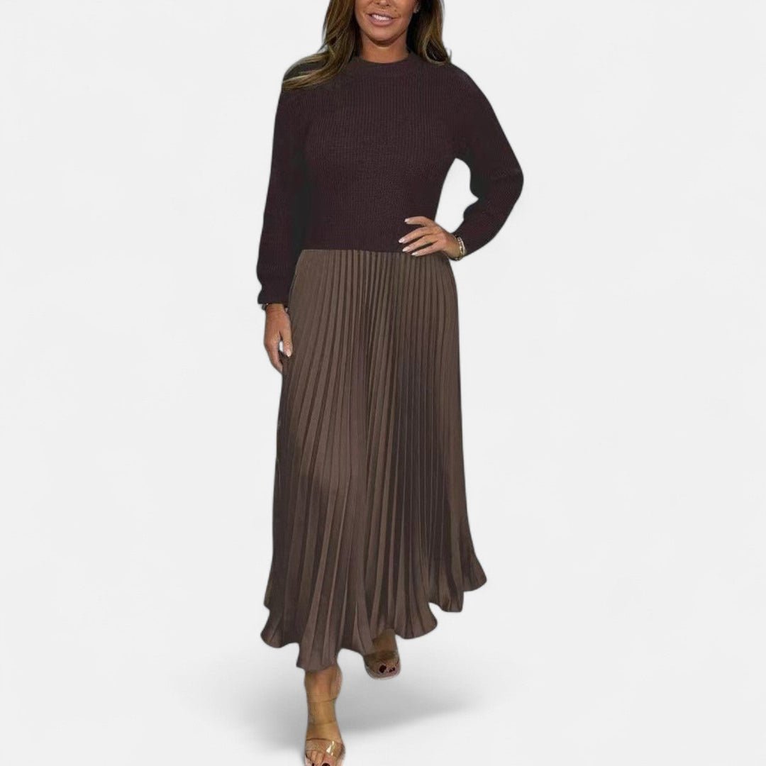 Sweater and pleated skirt set with burgundy knit sweater and medium brown pleated midi skirt